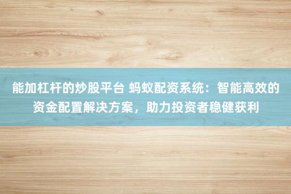 能加杠杆的炒股平台 蚂蚁配资系统：智能高效的资金配置解决方案，助力投资者稳健获利